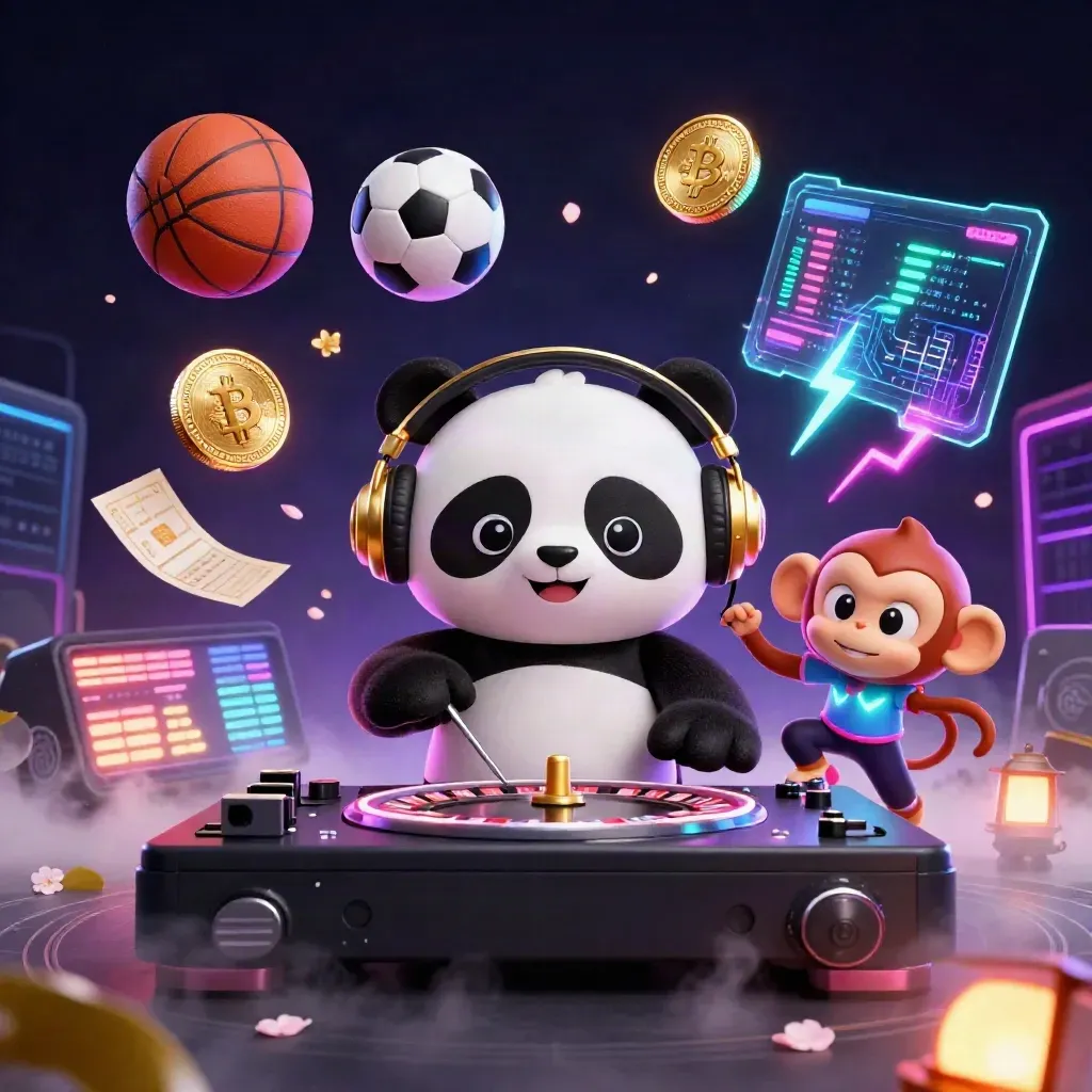 Panda DJ, macaco e gatinha neon com bolas, moedas cripto e luzes de cassino.