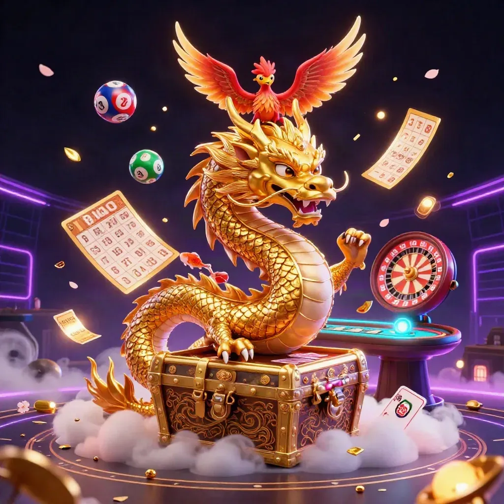 Dragão dourado com fênix, koi e tesouro em cena de cassino neon