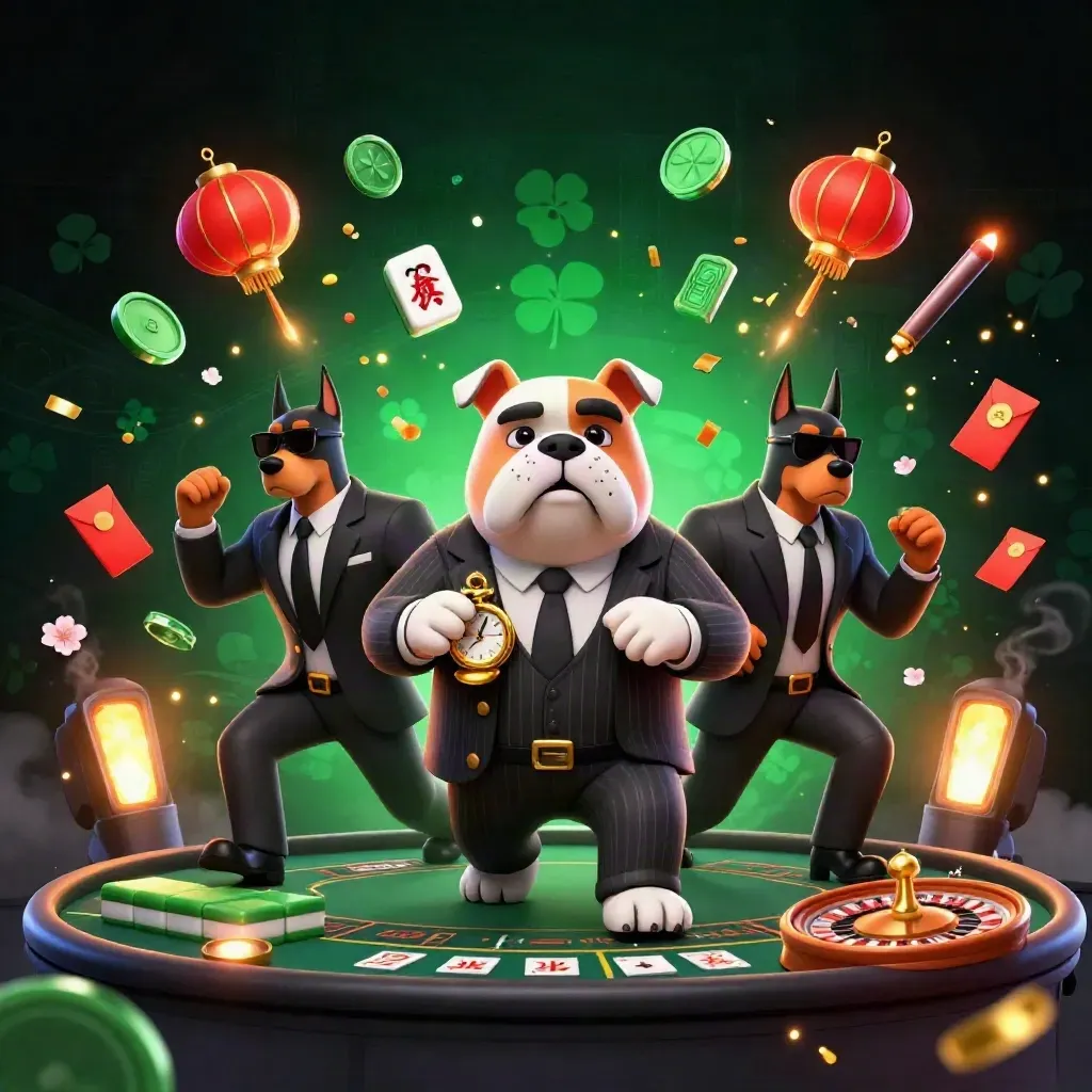 Bulldog mafioso com dois dobermans em cena de cassino, moedas de jade, lanternas e luz dourada.