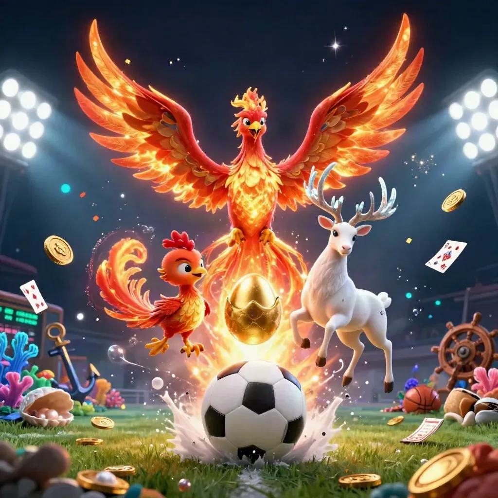 Fênix, cervo e bola de futebol em explosão mágica com moedas e luz neon.