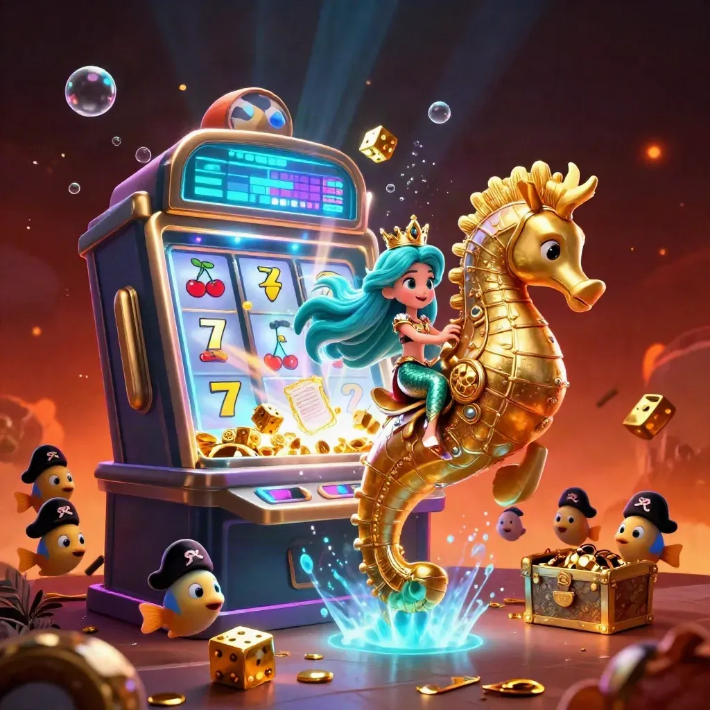 Sereia princesa em cavalo-marinho dourado com slot, peixes piratas e bolas esportivas em neon.