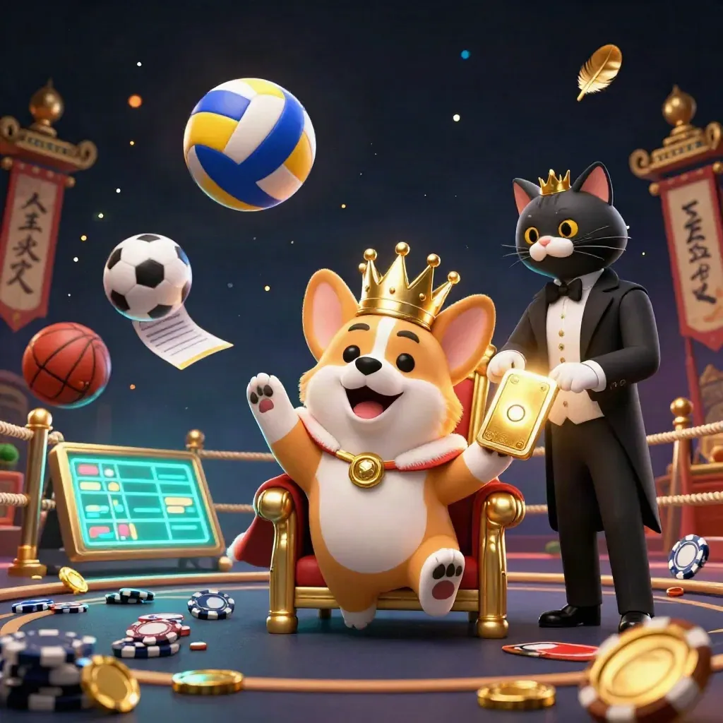 Corgi coroado e gato mordomo em cassino esportivo com bolas e luzes douradas.