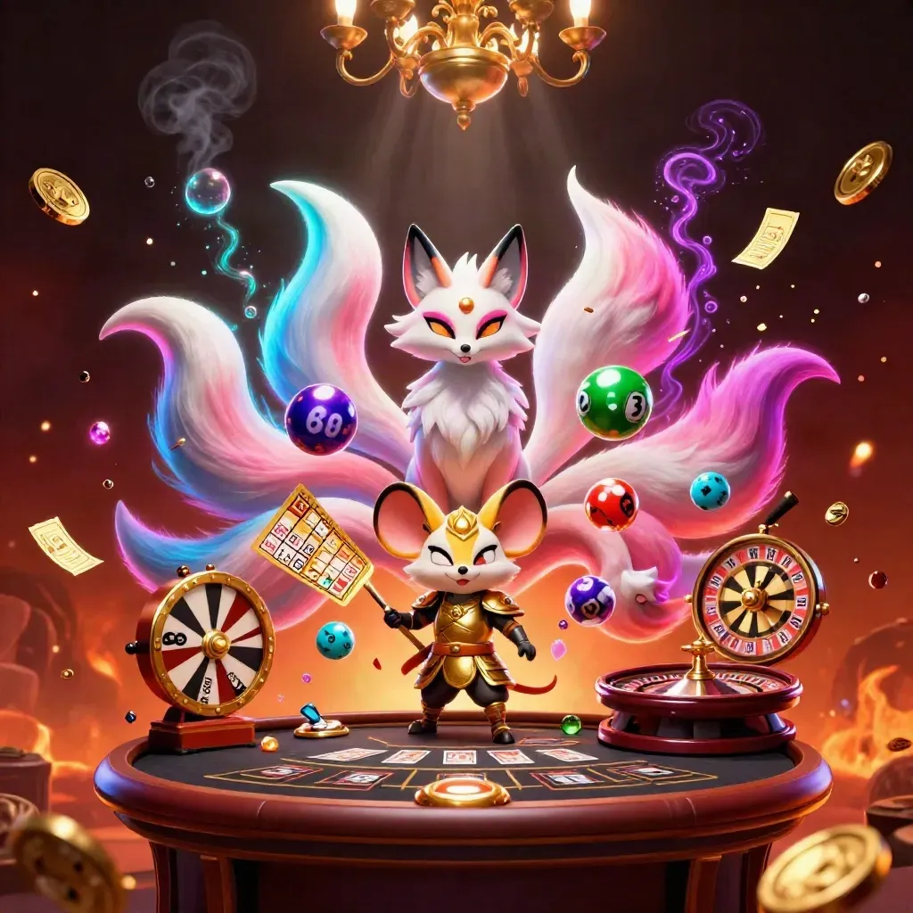 Raposa espiritual de nove caudas e rato samurai em cassino luxuoso com neon dourado e roleta brilhante.