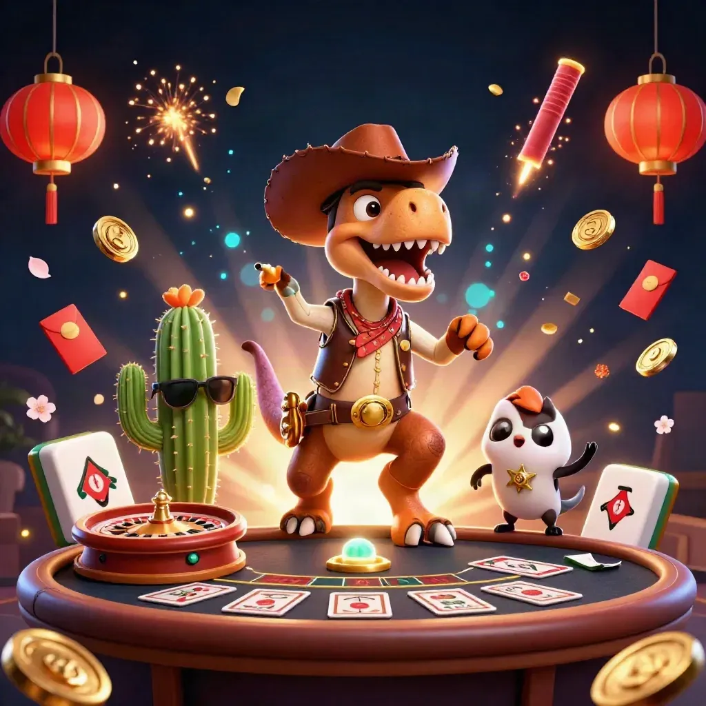 Dinossauro cowboy, cacto e roadrunner num cassino luxuoso com luzes douradas.