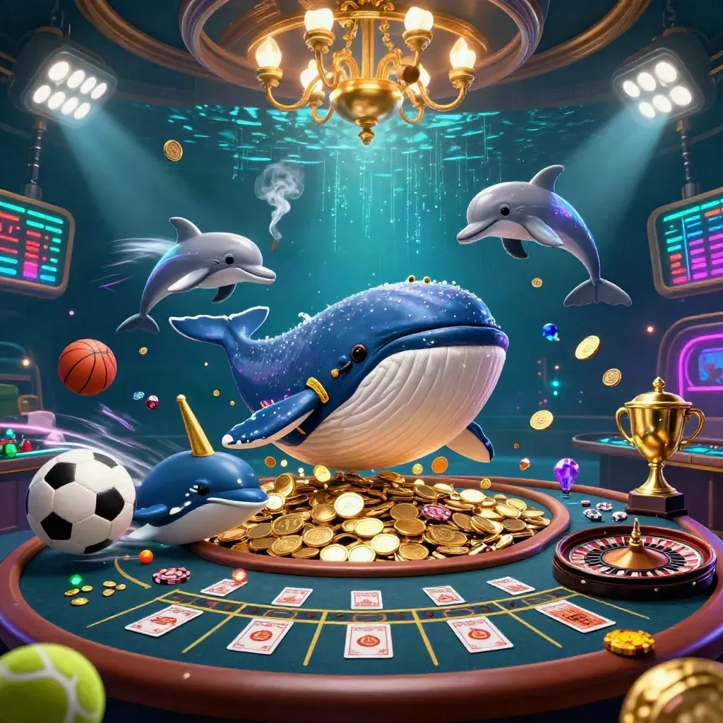 Baleia, narval e golfinhos em cassino subaquático dourado, com moedas, troféu e luz neon.