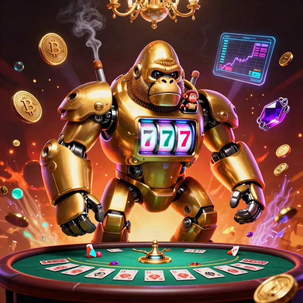 Gorila mecânico dourado com macaco piloto, moedas cripto e luz neon em sala de cassino luxuosa.