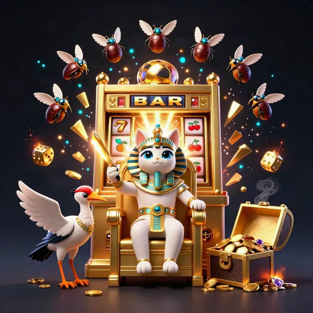 Gato faraó em trono dourado com escriba ibis, escaravelhos e caça-níqueis explodindo em ouro.