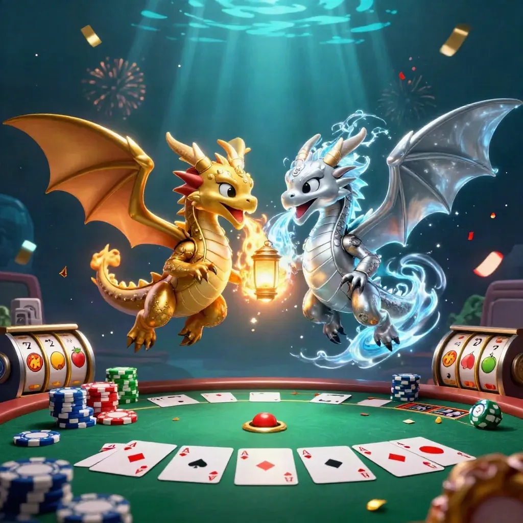 Dois dragões em yin-yang com cartas, fichas e brilho lunar sobre fundo azul-escuro.