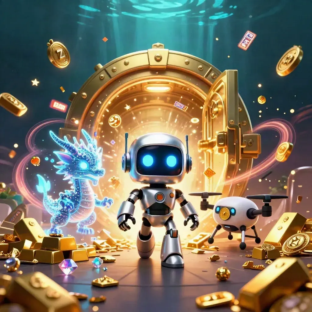 Robô cibernético, dragão holográfico e drone em meio a ouro, gemas e luz dourada.