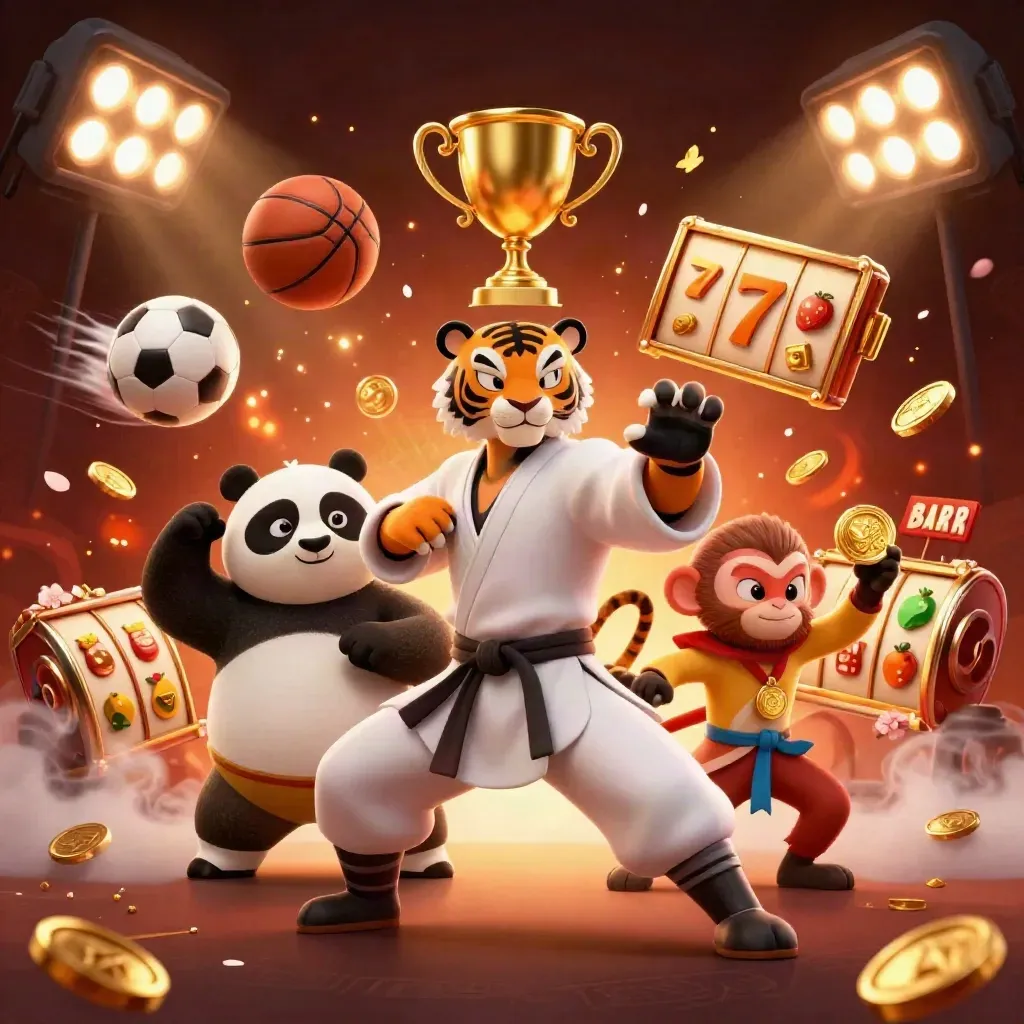 Tigre kung-fu, panda e macaco com medalha, bolas e tesouro em ação neon.