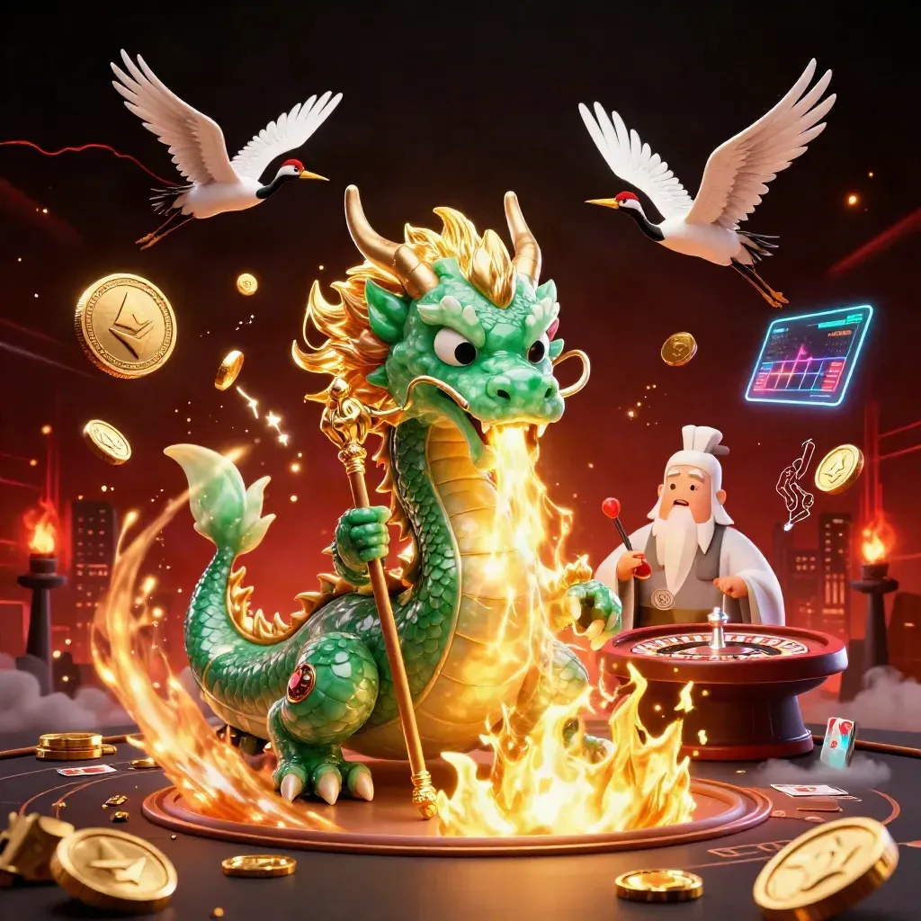 Dragão de jade, tartaruga sábia e garças em explosão de moedas e fogo, estilo cassino premium