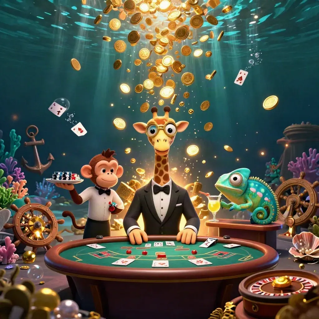 Girafa high roller, macaco e camaleão em tesouro subaquático com moedas e fogos.