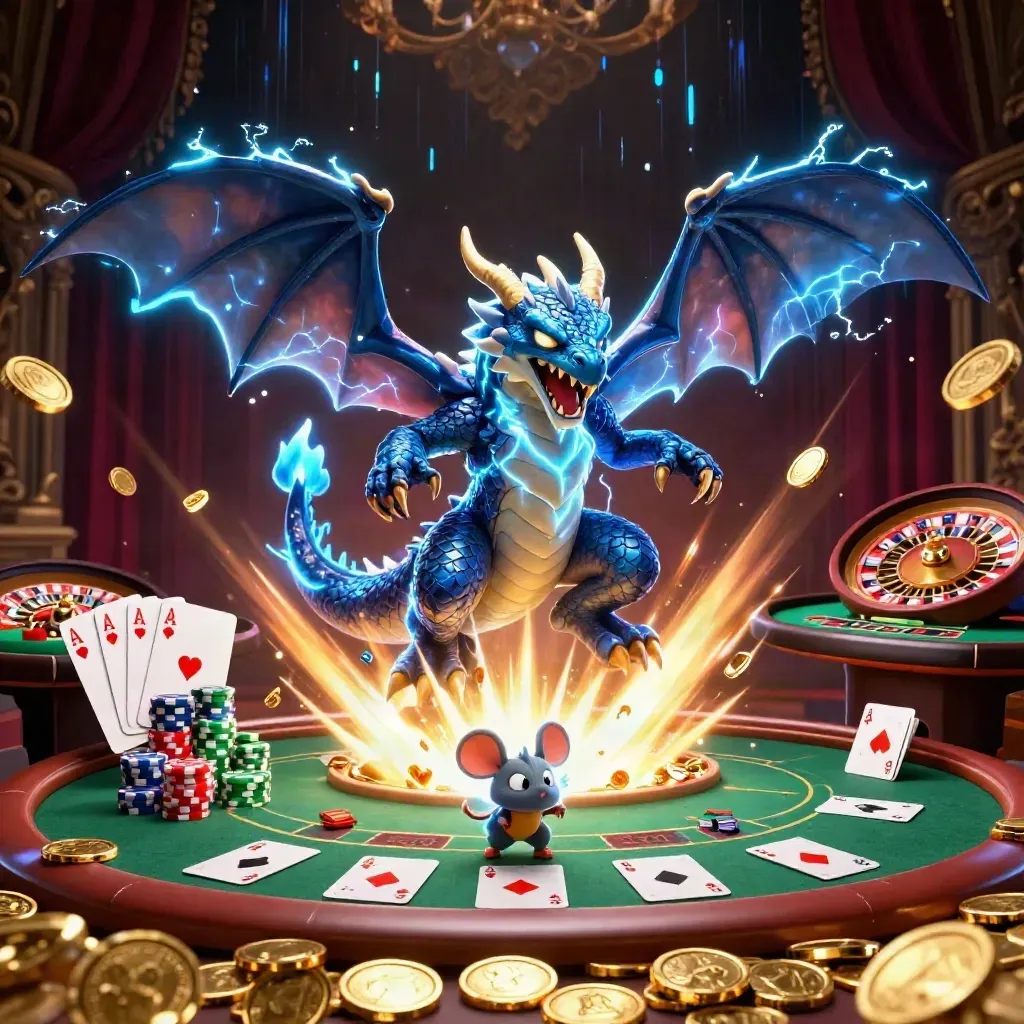 Dragão, águia e rato elétricos com moedas, cartas e mesa de cassino luxuosa