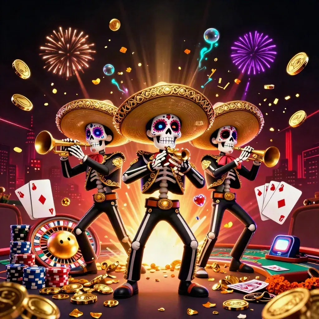 Trio de caveiras mariachi com moedas, gemas, roleta e fundo vermelho neon.