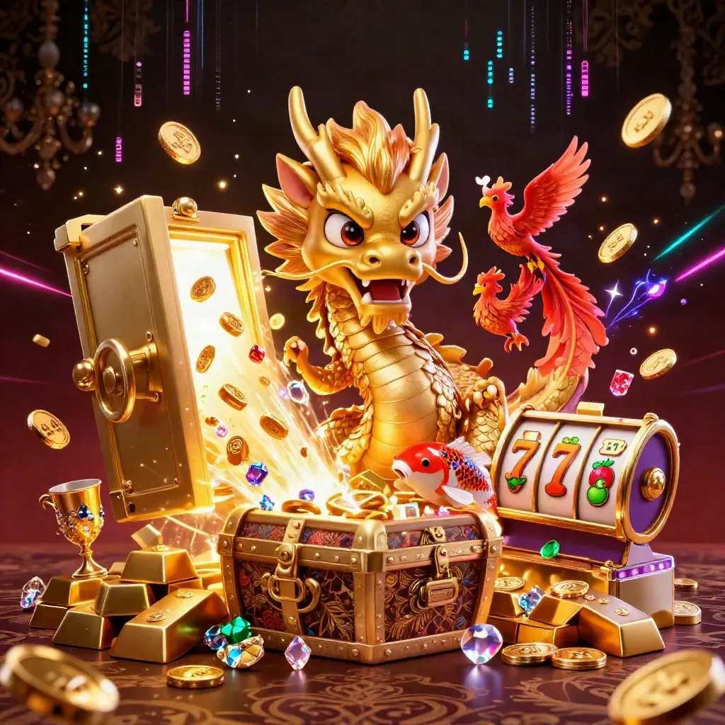Dragão dourado com fênix, carpa e tesouro em cenário de cassino neon luxuoso.
