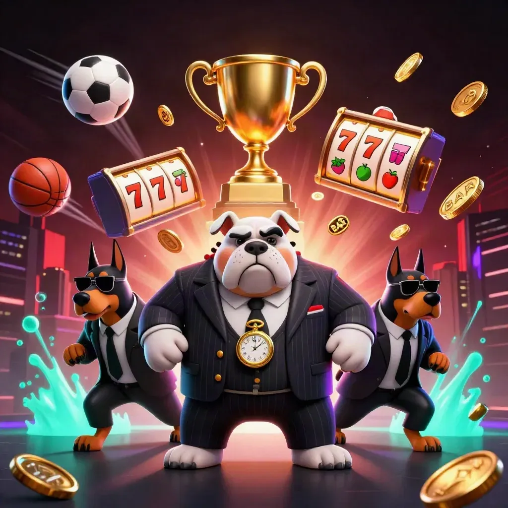 Bulldog mafioso com dois dobermans, bolas, troféu e luzes neon em fundo escuro.