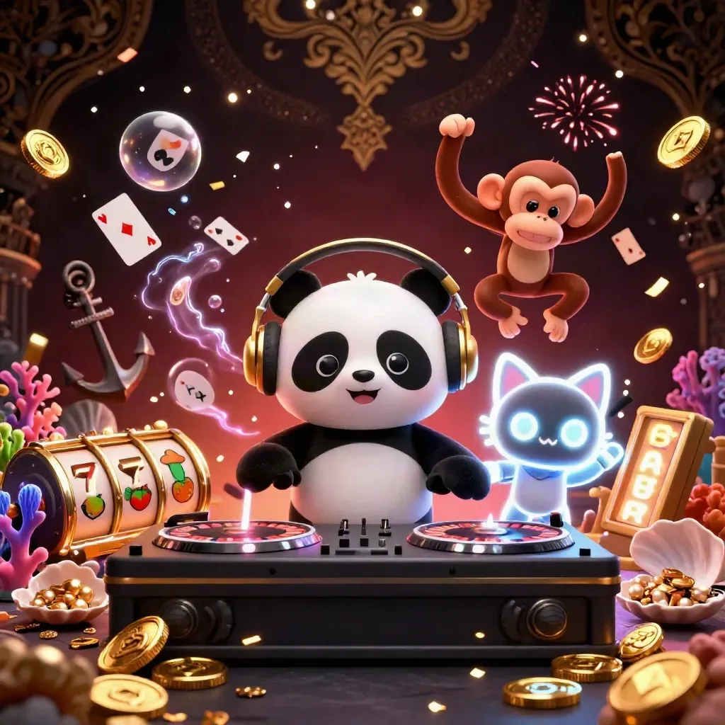 Panda DJ, macaco dançando e gatinho neon entre tesouros subaquáticos e fichas de cassino