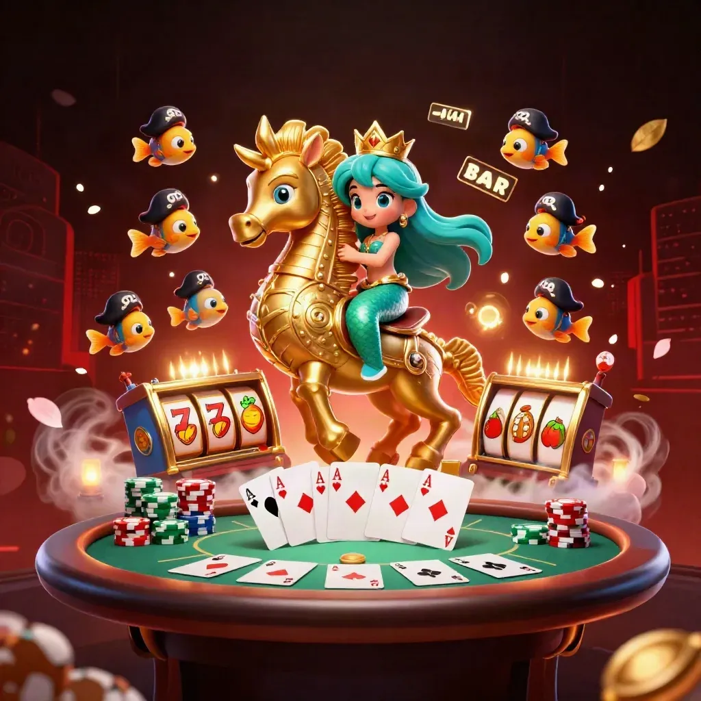 Sereia princesa em seahorse dourado, peixes piratas e fichas de cassino neon.
