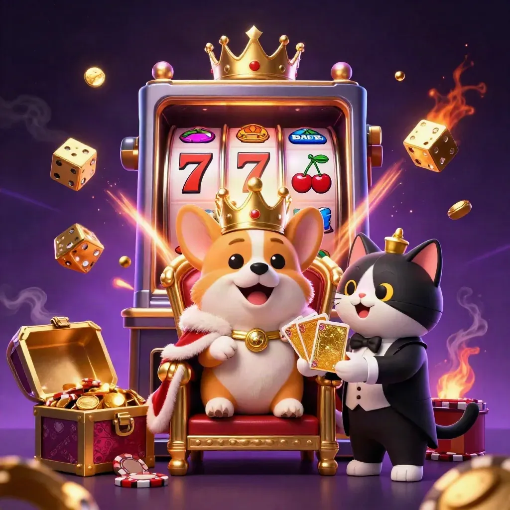 Corgi coroado e gato mordomo em trono de fichas, cercados por caça-níqueis e ouro.
